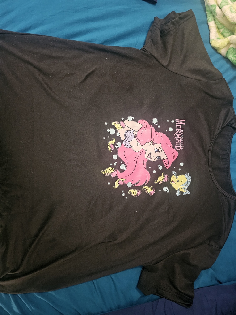 Disney Black Tee with Pink Ariel & Yellow Flounder Graphic